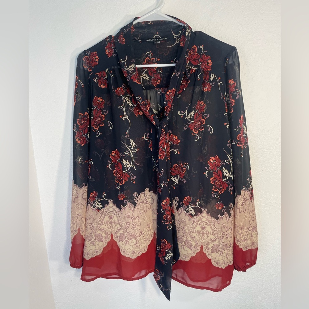 Harlowe & Graham Navy and Red Floral Blouse, size S